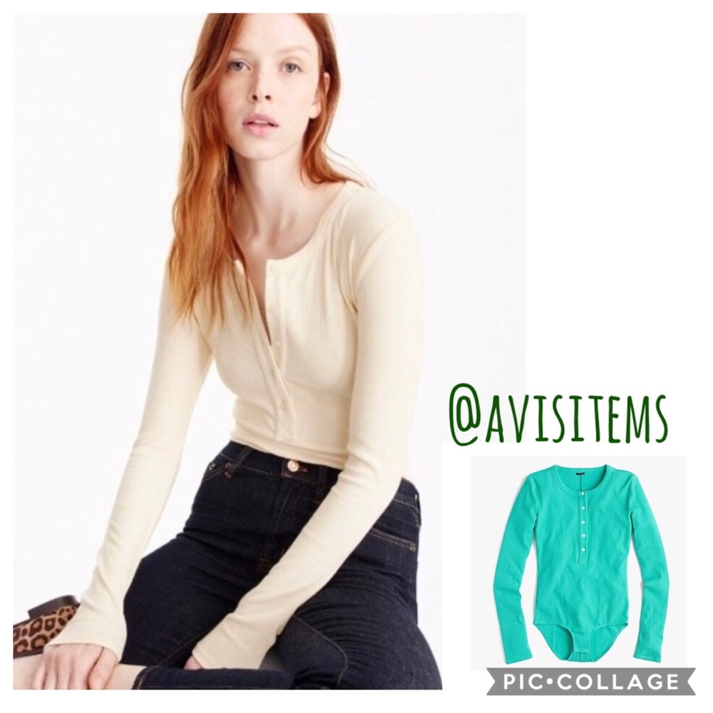 NWT J.Crew Henley Bodysuit Ribbed Cotton Top Aqua Green Long Sleeve XXS